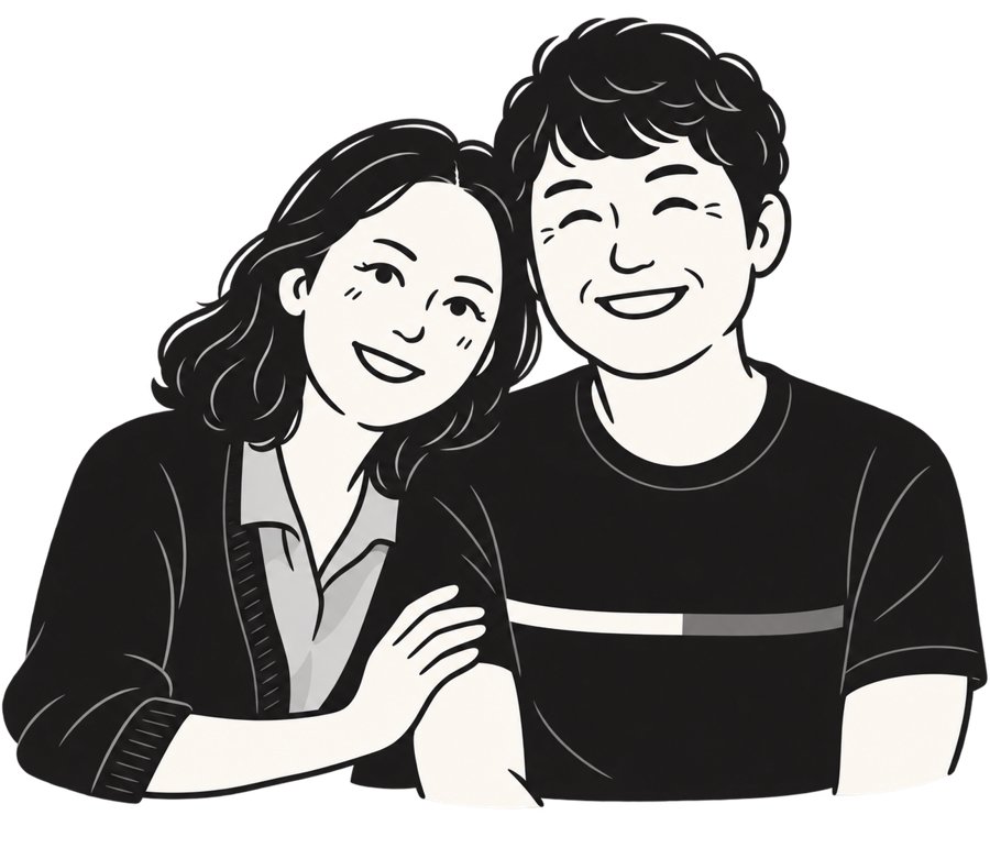 웃으며 기대어 앉은 아버지와 어머니 일러스트